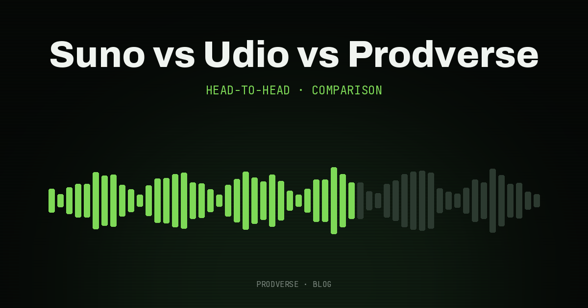 Cover reading "Suno vs Udio vs Prodverse" over green level bars
